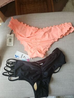 Bright Peachy Orange Ruffled Bikini Bottom + Black Strappy Bikini Bottom Ruched